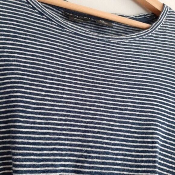 TAHARI 100% Linen Stripe Navy & White Front Knot Tee Sz M - Picture 4 of 6